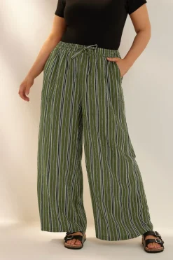 Yours Curve Green Stripe Textured Wide Leg Trousers