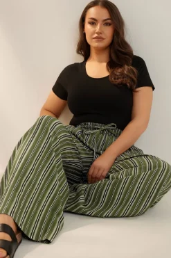 Yours Curve Green Stripe Textured Wide Leg Trousers