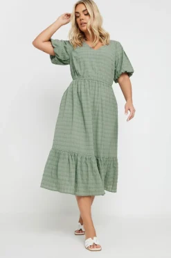 Yours Curve Green Textured Check Midi Dress