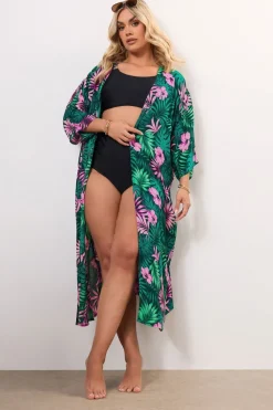 Yours Curve Green Tropical Print Crochet Midaxi Kimono