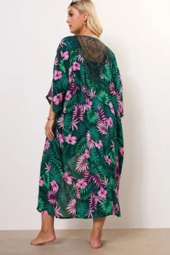 Yours Curve Green Tropical Print Crochet Midaxi Kimono