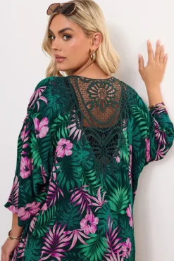 Yours Curve Green Tropical Print Crochet Midaxi Kimono