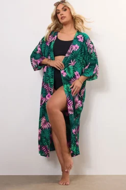 Yours Curve Green Tropical Print Crochet Midaxi Kimono