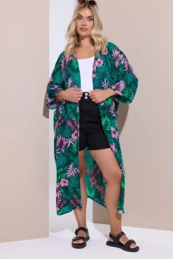 Yours Curve Green Tropical Print Crochet Midaxi Kimono