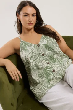 Yours Curve Green Tropical Leaf Print Button Front Cami Top
