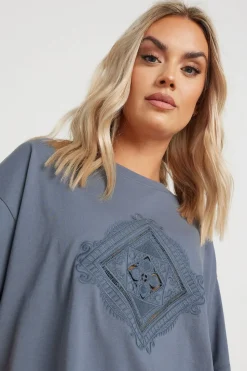 Yours Curve Grey Embroidered Boho Diamond Oversized T-Shirt