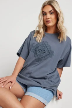 Yours Curve Grey Embroidered Boho Diamond Oversized T-Shirt