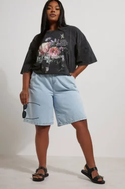Yours Curve Grey In Full Bloom Acid Wash Oversized T-Shirt