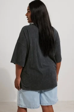 Yours Curve Grey In Full Bloom Acid Wash Oversized T-Shirt