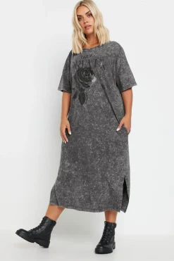 Yours Curve Grey Rose Graphic Print T Shirt Dress