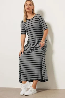 Yours Curve Grey Stripe Ribbed Maxi Dress