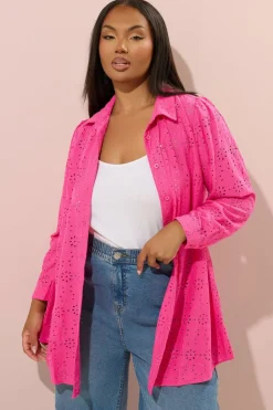 Yours Curve Hot Pink Broderie Anglaise Long Sleeve Shirt
