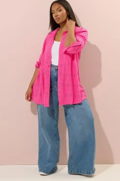 Yours Curve Hot Pink Broderie Anglaise Long Sleeve Shirt