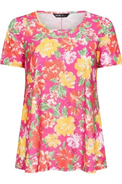 Yours Curve Hot Pink Floral Print Broderie Anglaise T-Shirt