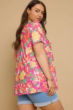 Yours Curve Hot Pink Floral Print Broderie Anglaise T-Shirt