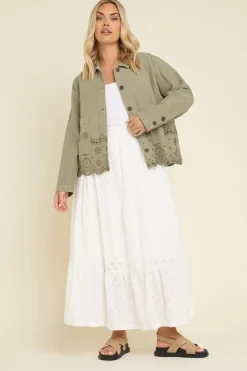 Yours Curve Khaki Green Broderie Anglaise Twill Shacket