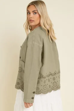Yours Curve Khaki Green Broderie Anglaise Twill Shacket
