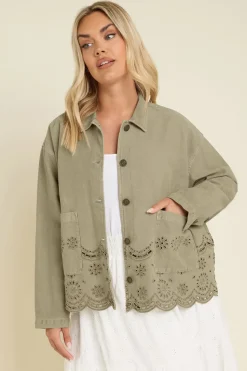Yours Curve Khaki Green Broderie Anglaise Twill Shacket