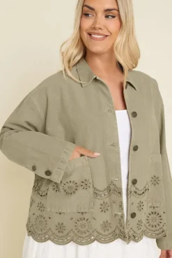 Yours Curve Khaki Green Broderie Anglaise Twill Shacket