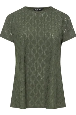 Yours Curve Khaki Green Broderie Anglaise Textured Swing Top