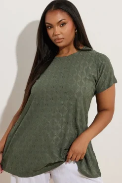 Yours Curve Khaki Green Broderie Anglaise Textured Swing Top