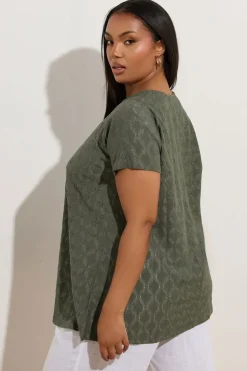 Yours Curve Khaki Green Broderie Anglaise Textured Swing Top