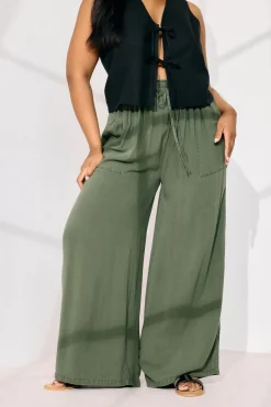 Yours Curve Khaki Green Chambray Tie Front Wide Leg Trousers