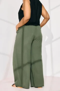 Yours Curve Khaki Green Chambray Tie Front Wide Leg Trousers