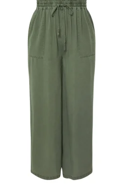 Yours Curve Khaki Green Chambray Tie Front Wide Leg Trousers