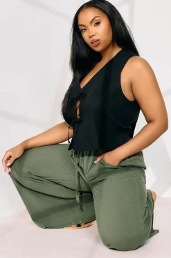 Yours Curve Khaki Green Chambray Tie Front Wide Leg Trousers