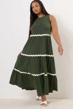 Yours Curve Khaki Green Contrast Swirl Tiered Maxi Dress