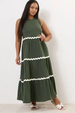 Yours Curve Khaki Green Contrast Swirl Tiered Maxi Dress