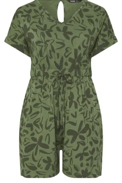 Yours Curve Khaki Green Floral Print Cotton Playsuit