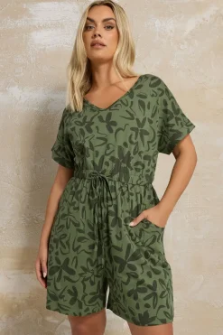 Yours Curve Khaki Green Floral Print Cotton Playsuit