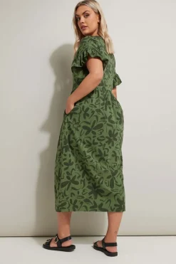 Yours Curve Khaki Green Floral Frill Cotton Midaxi Dress