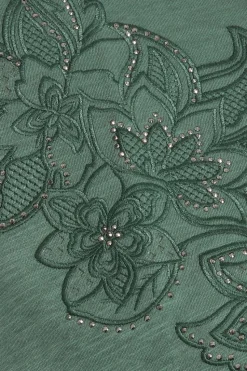 Yours Curve Khaki Green Floral Embroidered Stud Detail T-Shirt