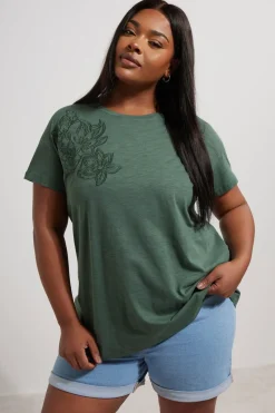 Yours Curve Khaki Green Floral Embroidered Stud Detail T-Shirt