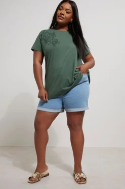 Yours Curve Khaki Green Floral Embroidered Stud Detail T-Shirt
