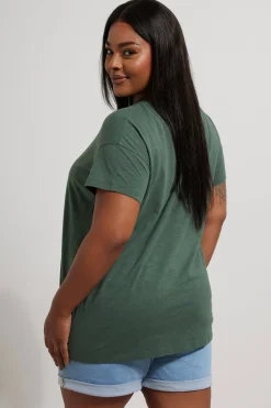 Yours Curve Khaki Green Floral Embroidered Stud Detail T-Shirt