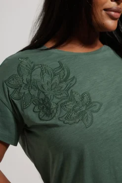 Yours Curve Khaki Green Floral Embroidered Stud Detail T-Shirt