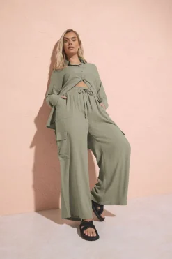 Yours Curve Khaki Green Linen Cargo Trousers