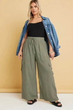 Yours Curve Khaki Green Linen Cargo Trousers