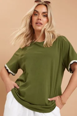 Yours Curve Khaki Green Metallic Crochet Trim T-Shirt