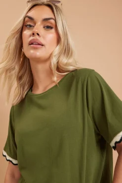 Yours Curve Khaki Green Metallic Crochet Trim T-Shirt