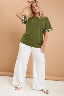 Yours Curve Khaki Green Metallic Crochet Trim T-Shirt