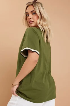 Yours Curve Khaki Green Metallic Crochet Trim T-Shirt