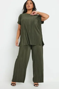 Yours Curve Khaki Green Plisse Wide Leg Trousers