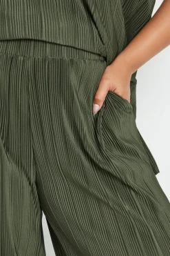 Yours Curve Khaki Green Plisse Wide Leg Trousers