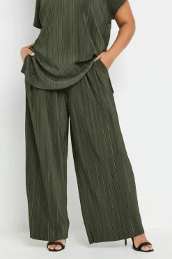 Yours Curve Khaki Green Plisse Wide Leg Trousers