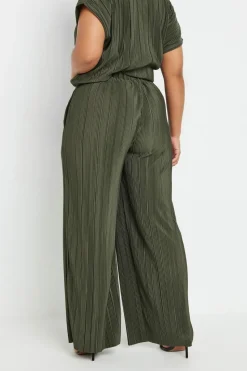 Yours Curve Khaki Green Plisse Wide Leg Trousers